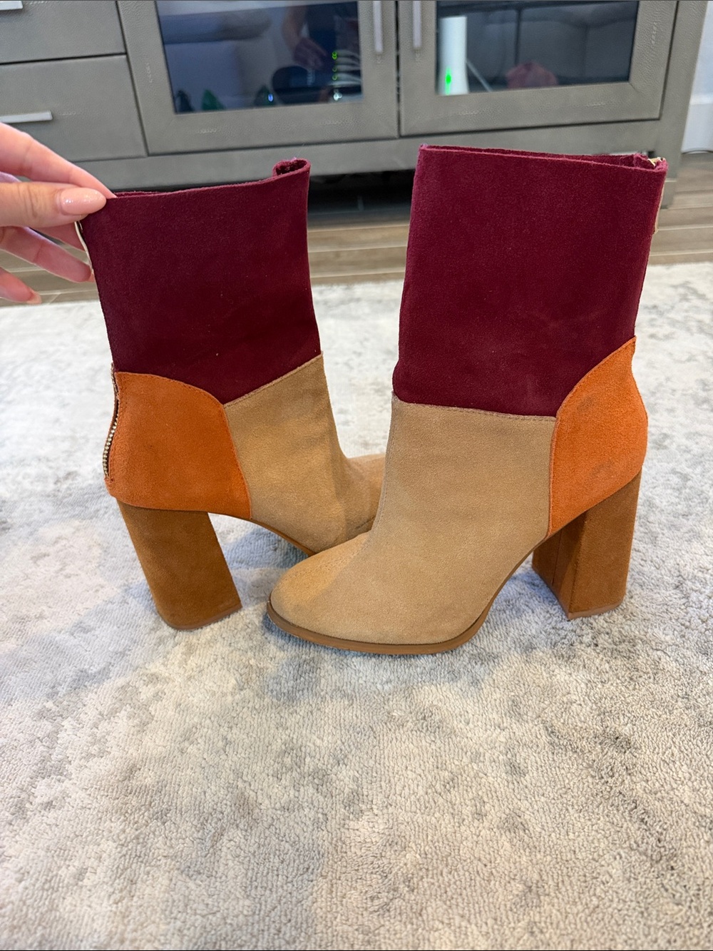 Chinese Laundry Tricolor Suede Block Heel Ankle Boots - Burgundy, Tan & Orange
